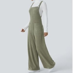 Halara Wide Leg Green Ribbed Knit Overalls Size XS
